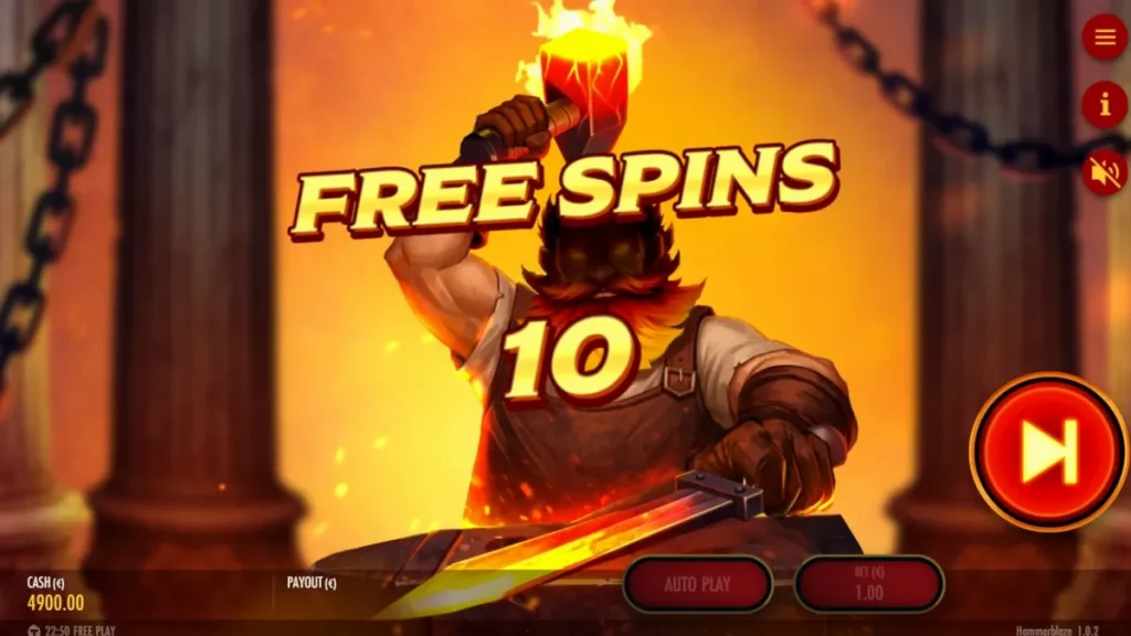 Tampilan visual slot Hammerblaze dengan tema bengkel dewa dan gunung berapi