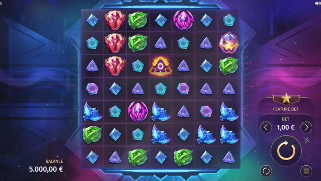 Tampilan visual slot Phantom Pulse dengan grid 7x7 dan elemen kosmik.